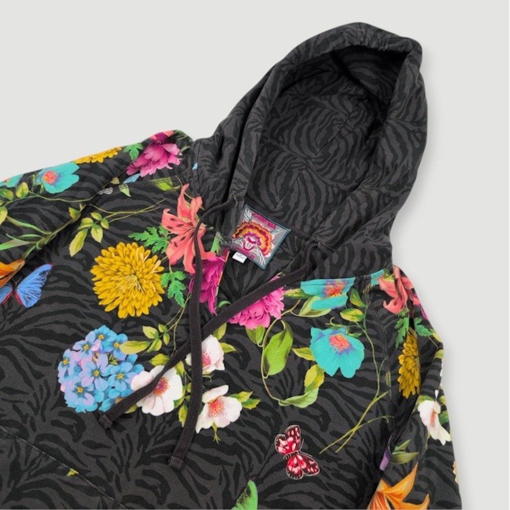 Johnny Was Blooming Breeze Hoodie Women Small Black Floral Butterfly Boho Chic